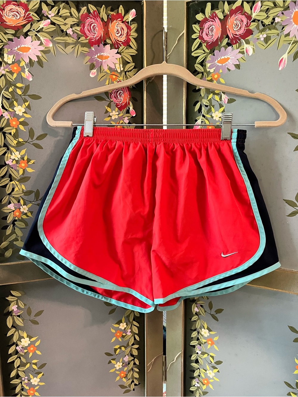 Nike Women’s Coral Dry-Fit Athletic Shorts with Aqua and Navy Trim